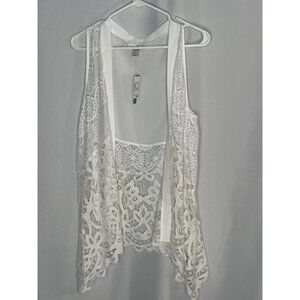 Christopher & Banks Womens Sleeveless Lace Flowing Overlay Open Front Vest White